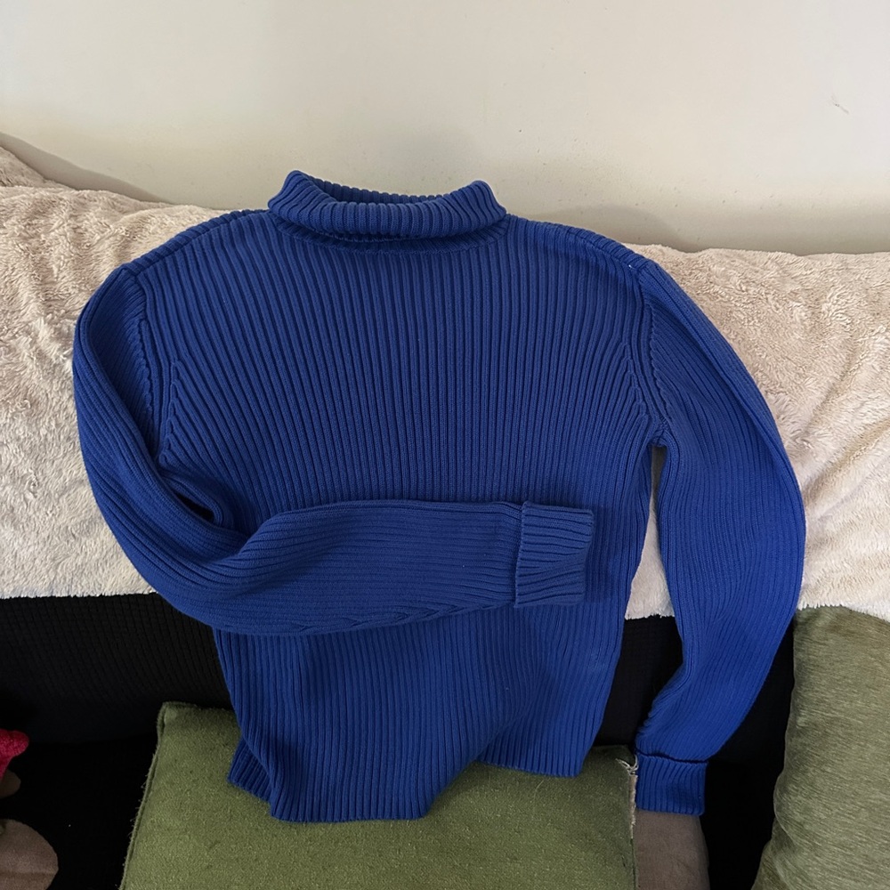 Blue Ribbed Turtleneck Sweater